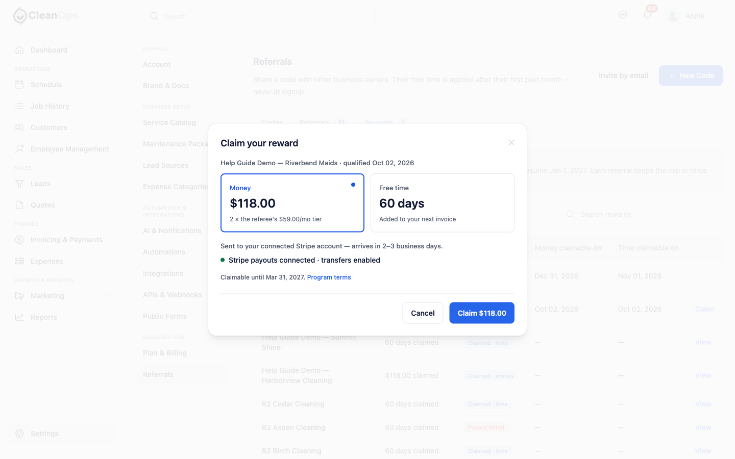 Screenshot — Claim a reward as money