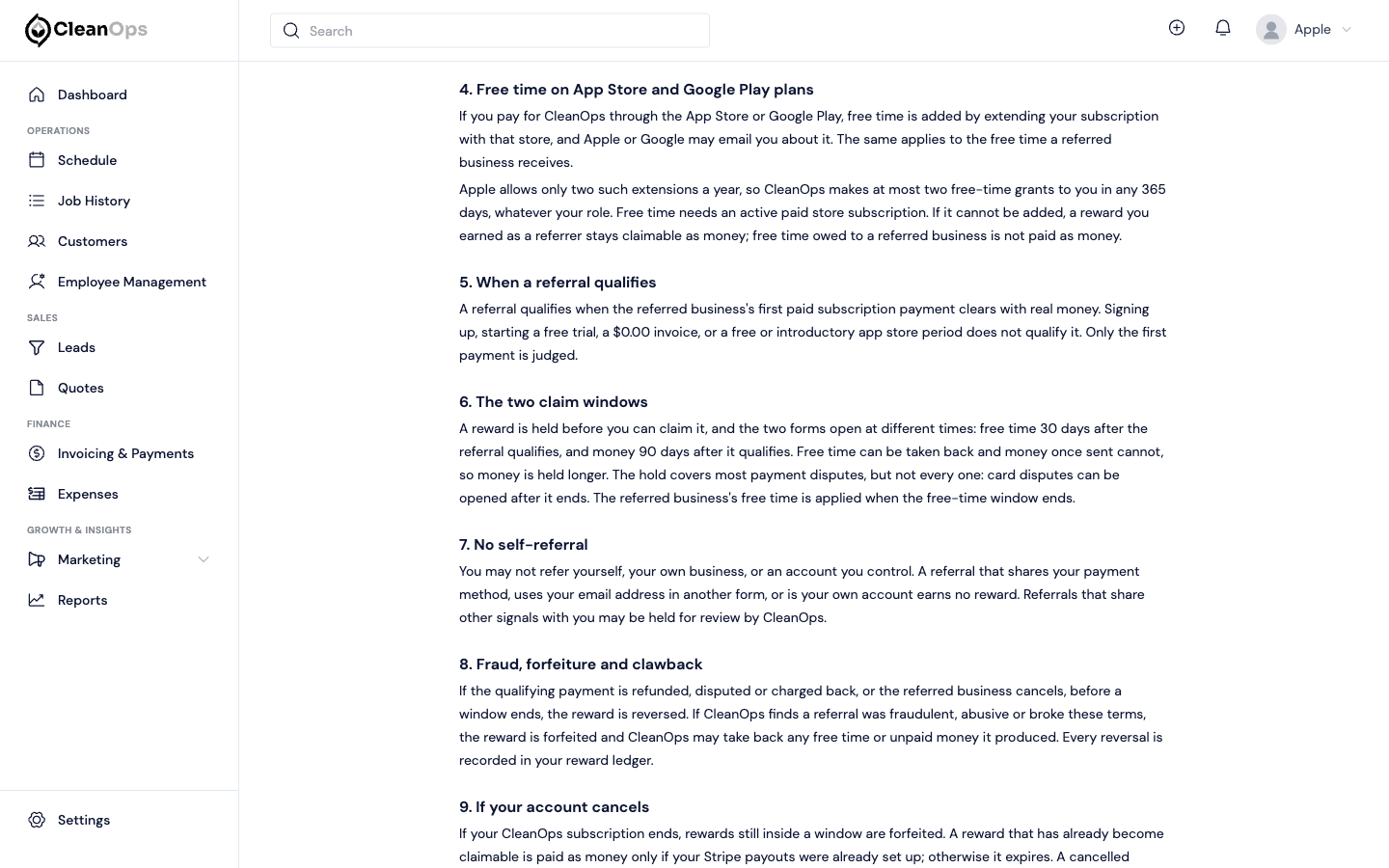 Screenshot — Program terms